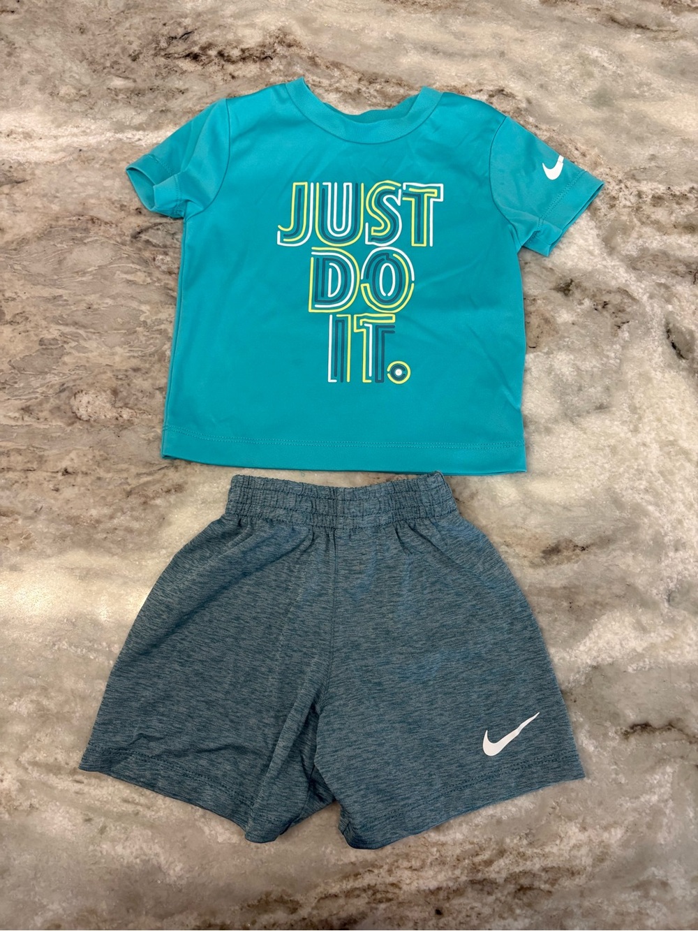 Nike 2T Kids 'Just Do It' Teal Athletic Top & Gray Shorts Set Drifit